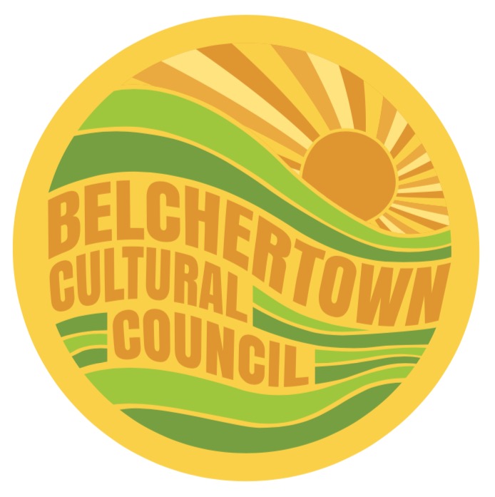 circular logo of a sun over hills, "belchertown cultural council"