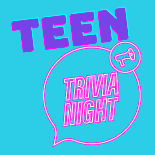 neon letters on a bright background "teen trivia night"