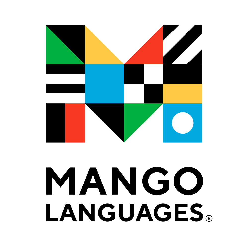 image: a M made of blocks of color, and the words "mango languages"