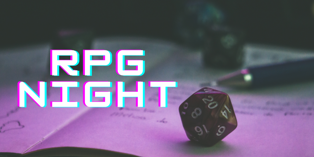 image of dice and a pen on a notebook with the text "RPG Night" overlaid