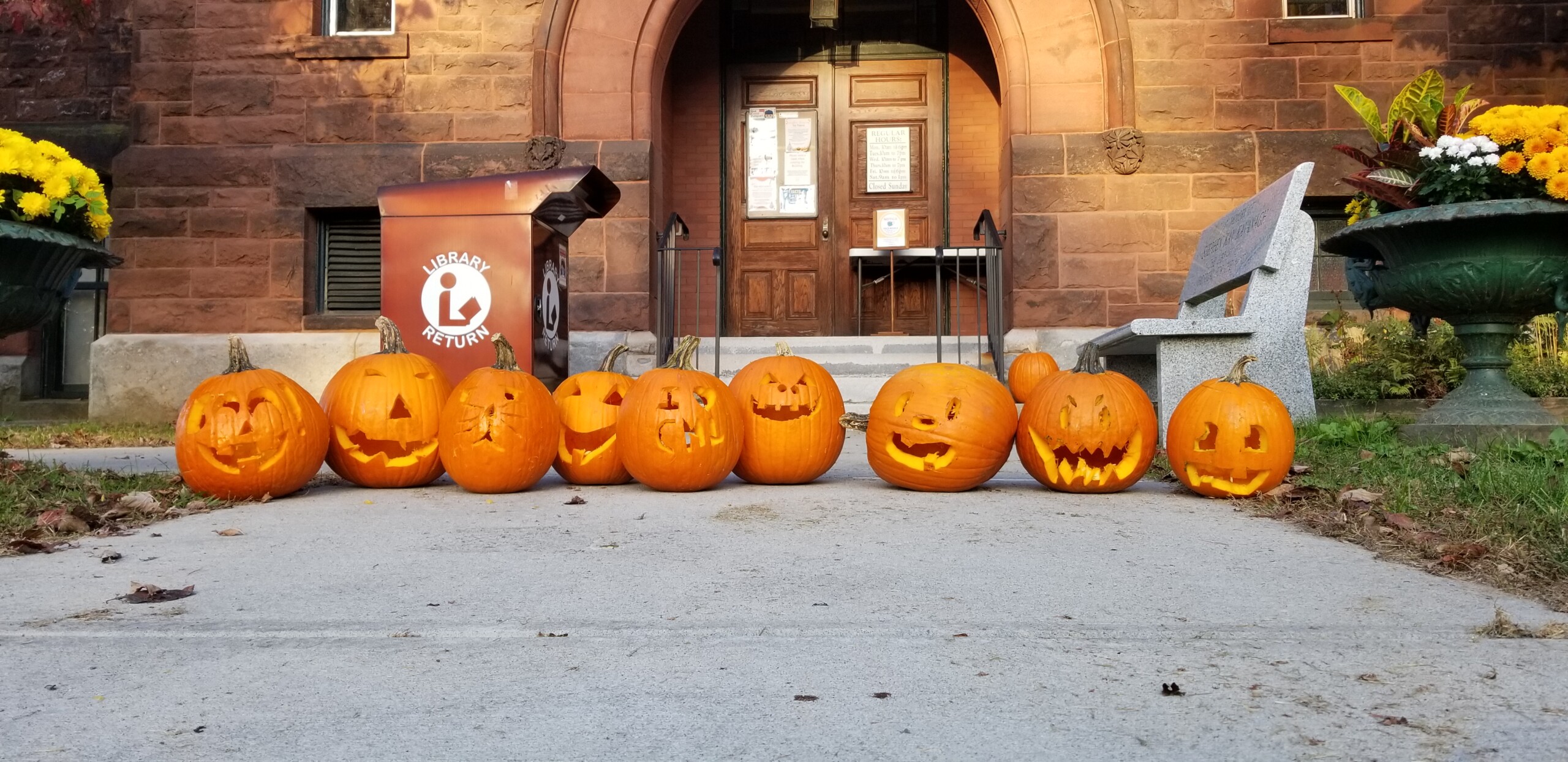 [img] a line of carved pumpkins in front of the library