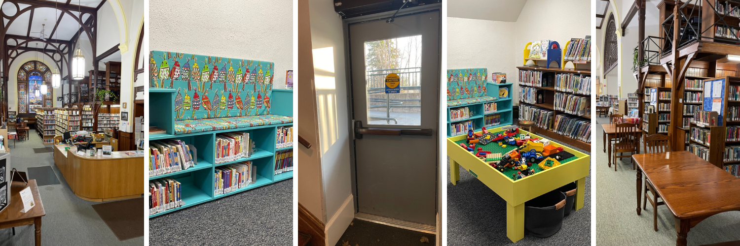 Image: five photos, library interior, a reading bench with built in bookcase, a new accessible door, duplo table within the children's area, library interior