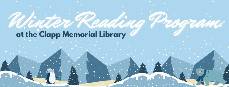 "winter reading program at the clapp memorial library" over snow falling on a background of mountains.