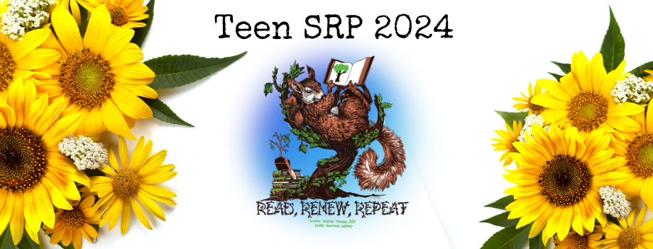 "teen srp 2024" above a drawing of a squirrel reading a book, all bounded by sunflowers