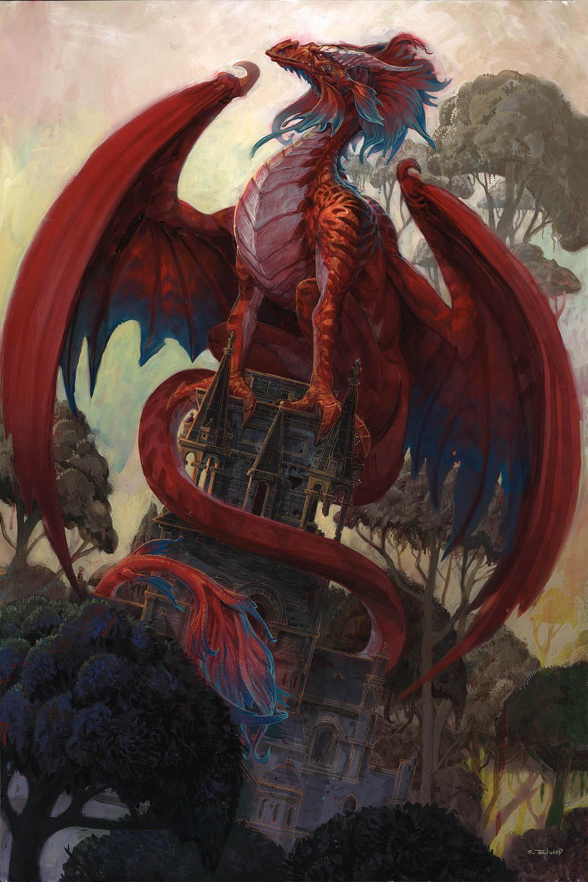 a roaring red dragon perched atop a manor house