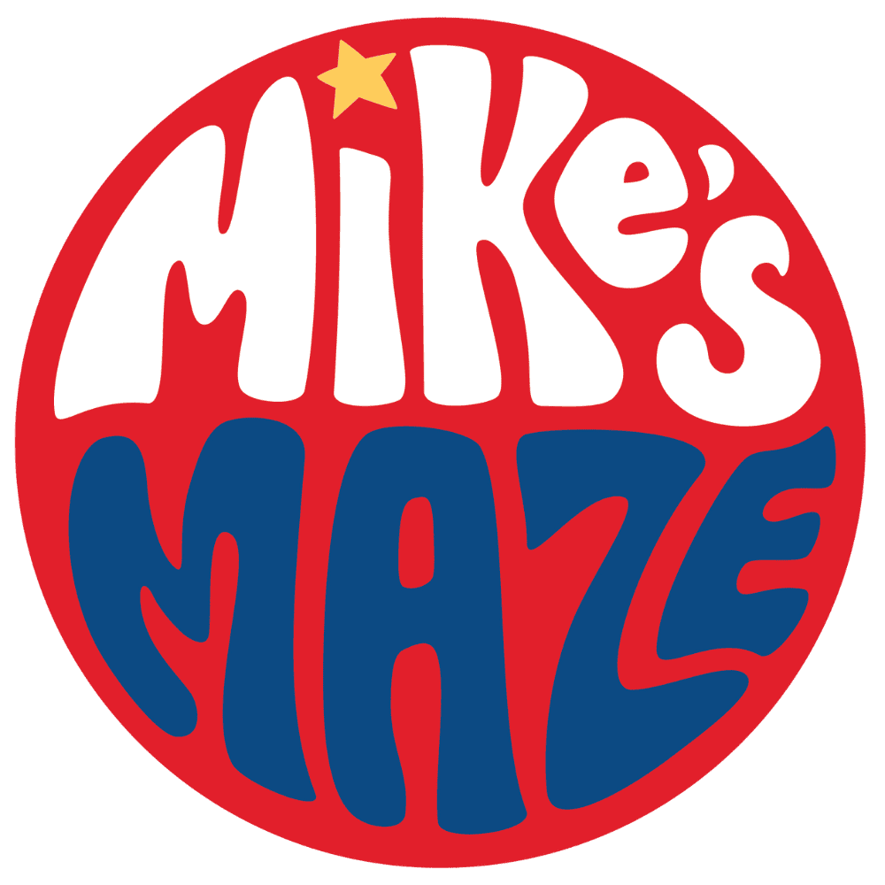 "Mike's Maze" in decorative font on a red circle