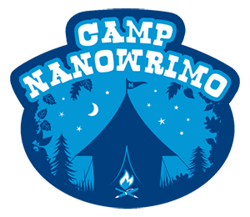 "camp nanowrimo" on a night sky above a tent with a campfire