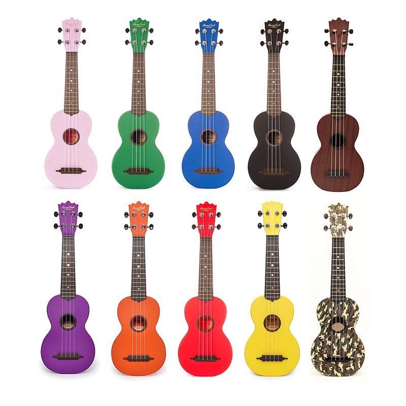 ten ukuleles in two rows, each a different color