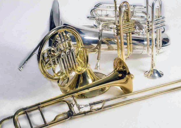 [image] a trombone, french horn, two trumpets, and a tuba