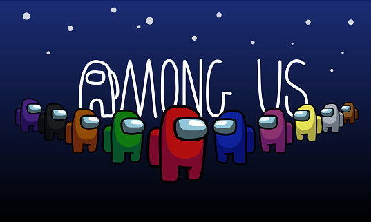 image of little figures in space suits and the words "among us"