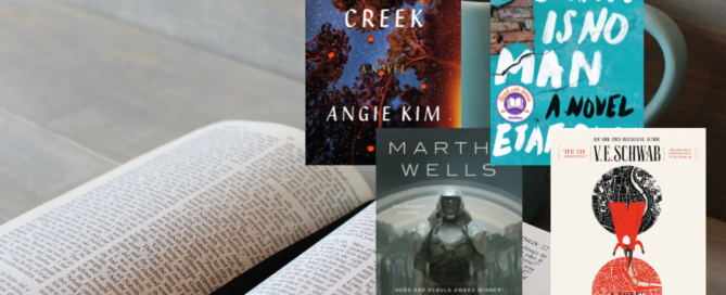 img: four book covers over a stock photo of an open book. titles are "miracle creek," "a woman is no man," "all systems red," and "a darker shade of magic"