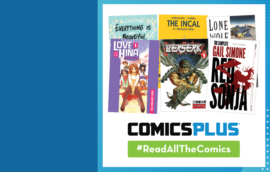 image of comic book covers and the text "Comis Plus #ReadAllTheComics"