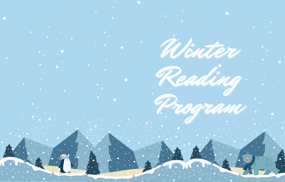 text "winter reading program" over a snowy landscape